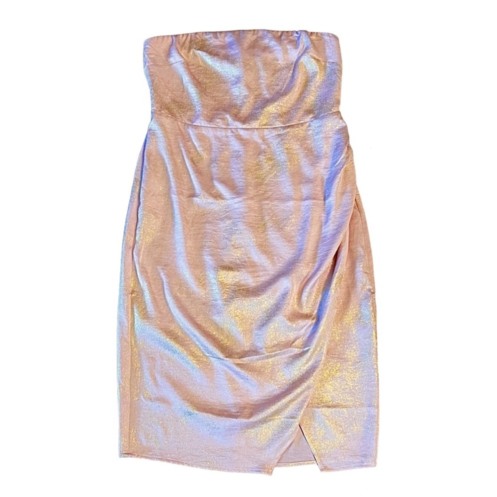 Express NWT Strapless Faux Wrap Mini Dress Medium Pink Sparkly Metallic Gold